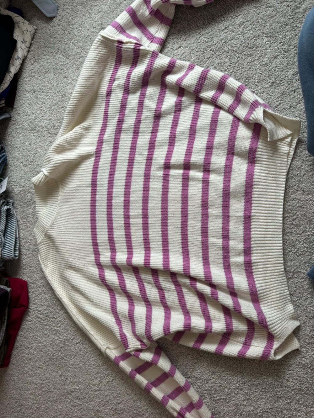 Cream and Lavender Striped Crewneck Sweater